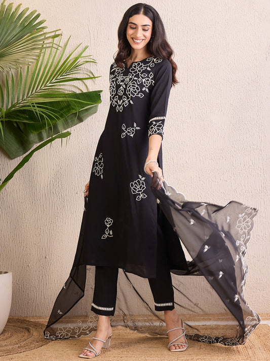 IE Black Embroidered Straight Kurta Trousers With Dupatta Set