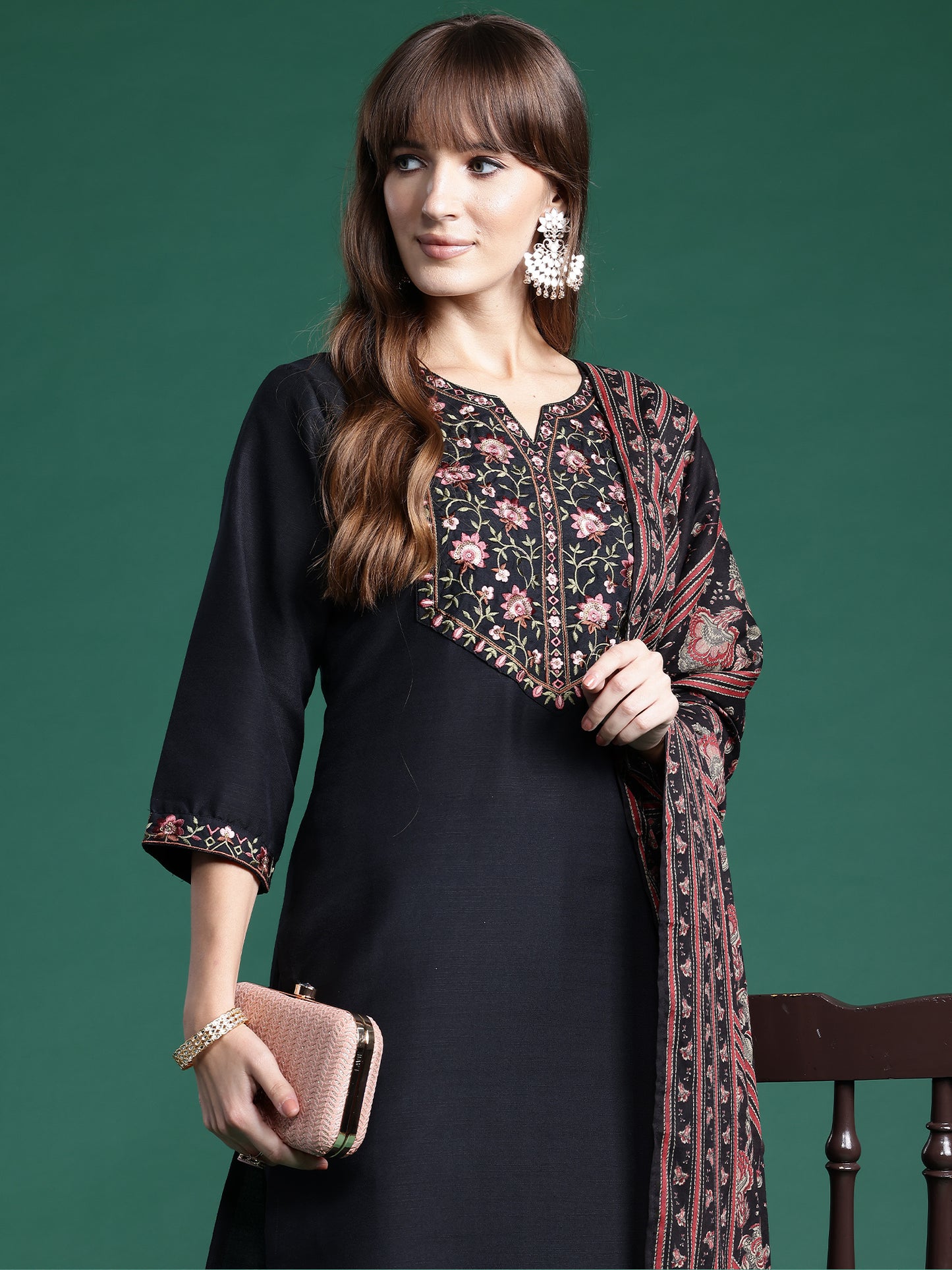 IE Black Embroidered Straight Kurta Trousers With Dupatta  Set