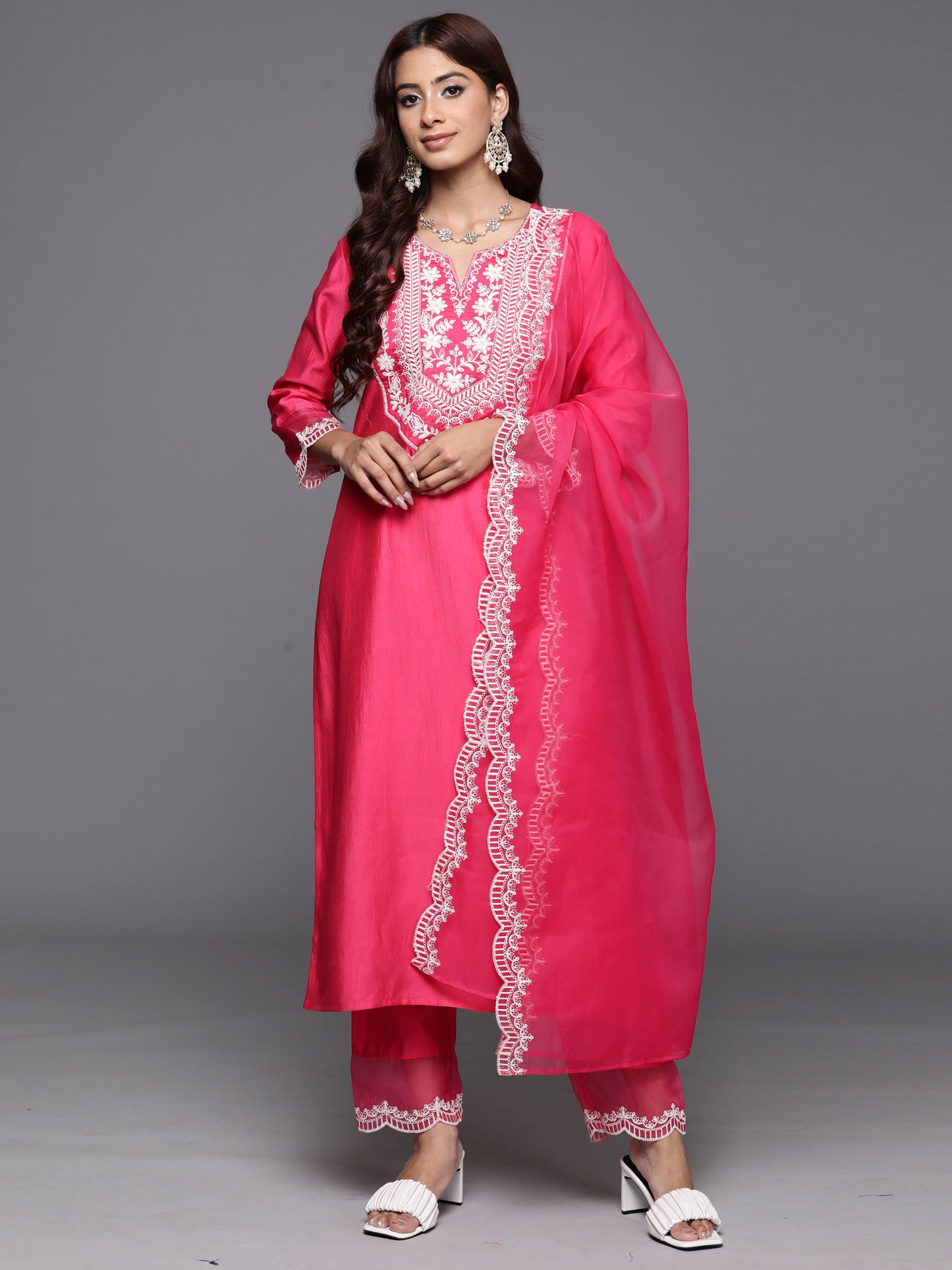 IE Pink Embroidered Straight Kurta Trousers With Dupatta Set