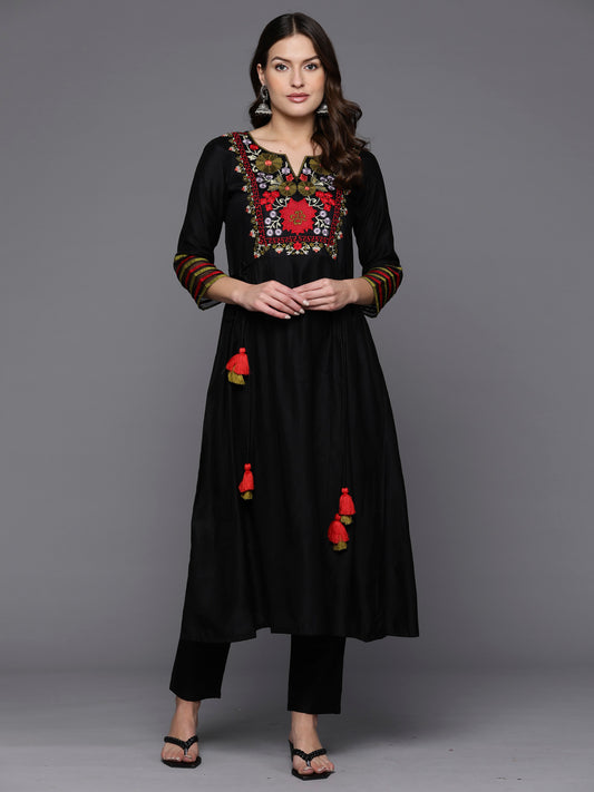 IE Black Embroidered A-Line Kurta Trousers  Set