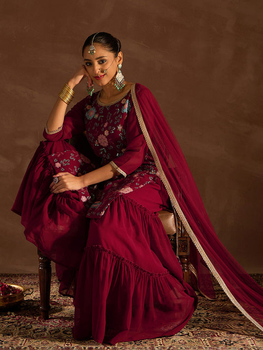 IE Maroon Embroidered Straight Kurta Sharara With Dupatta set