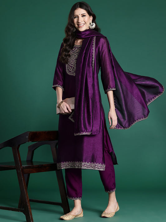 IE Purple Embroidered Straight Kurta Trousers With Dupatta set