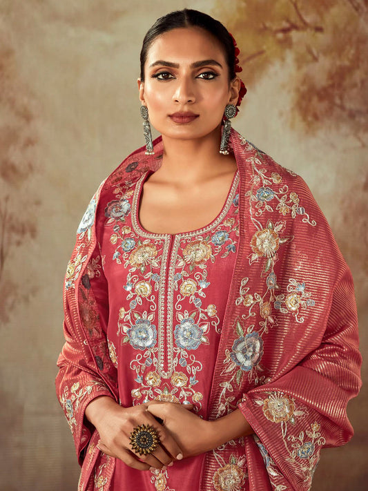 IE Rust Embroidered Straight Kurta Trousers With Dupatta set