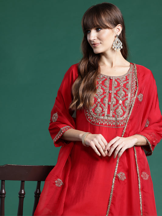 IE Red Embroidered Straight Kurta Trousers With Dupatta  Set