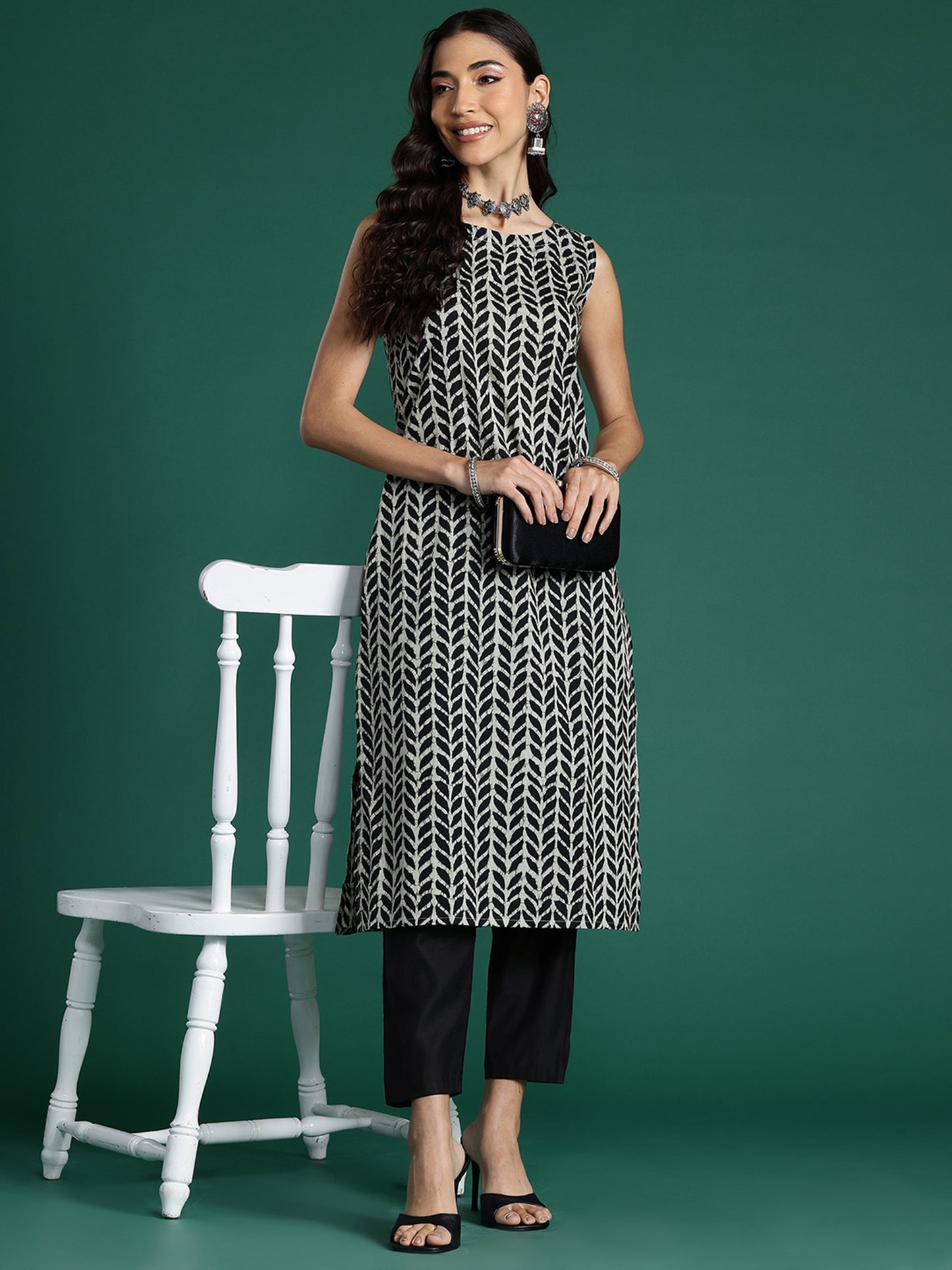 IE Black Printed Straight Kurtas