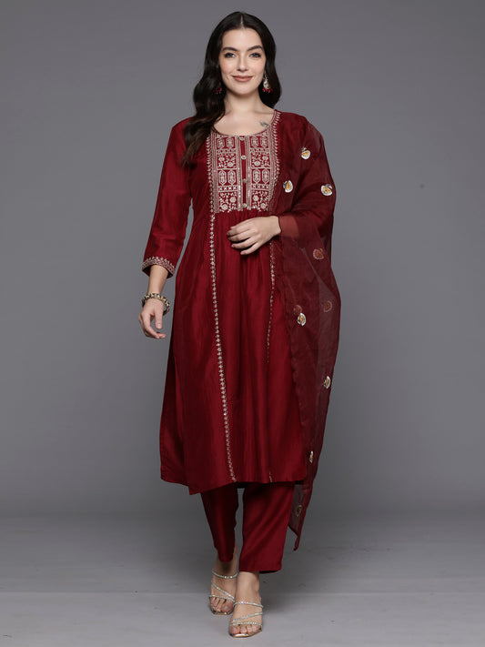 IE Maroon Embroidered Straight Kurta Trousers With Dupatta Set