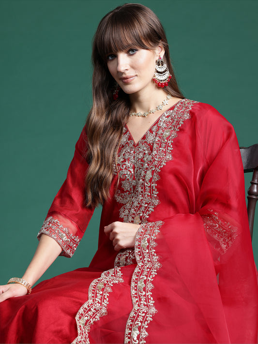 IE Red Embroidered Straight Kurta Trousers With Dupatta  Set