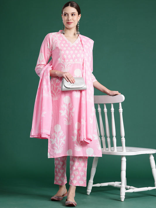 IE Pink Printed Straight Kurta Trousers With Dupatta set