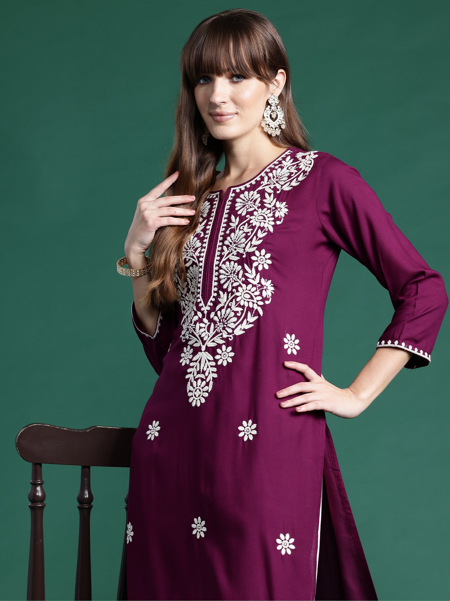 IE Burgundy Embroidered Straight Kurtas