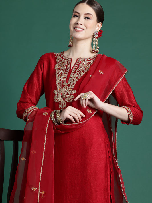 IE Red Embroidered Straight Kurta Palazzos With Dupatta set