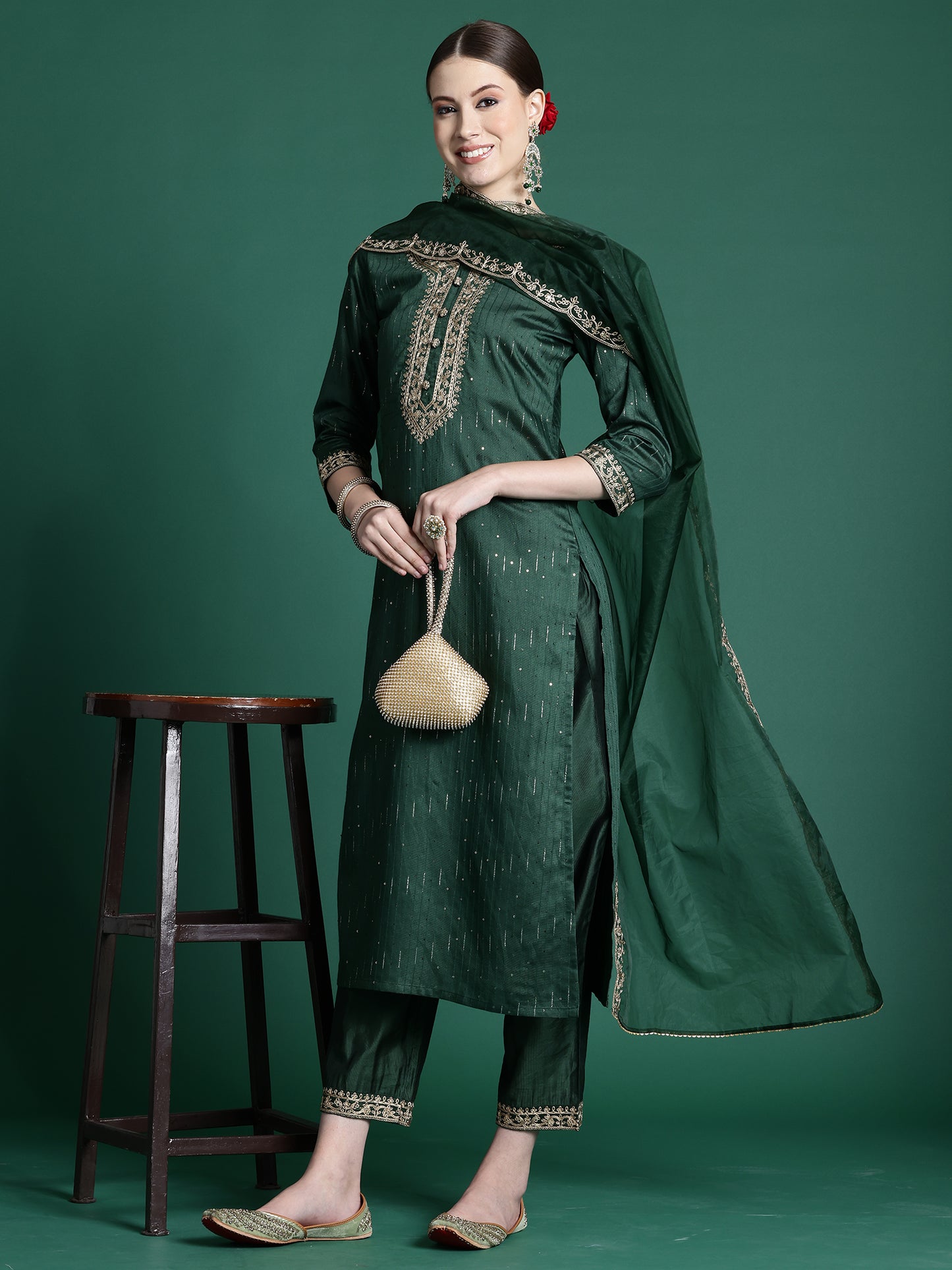 IE Green Embroidered Straight Kurta Trousers With Dupatta set