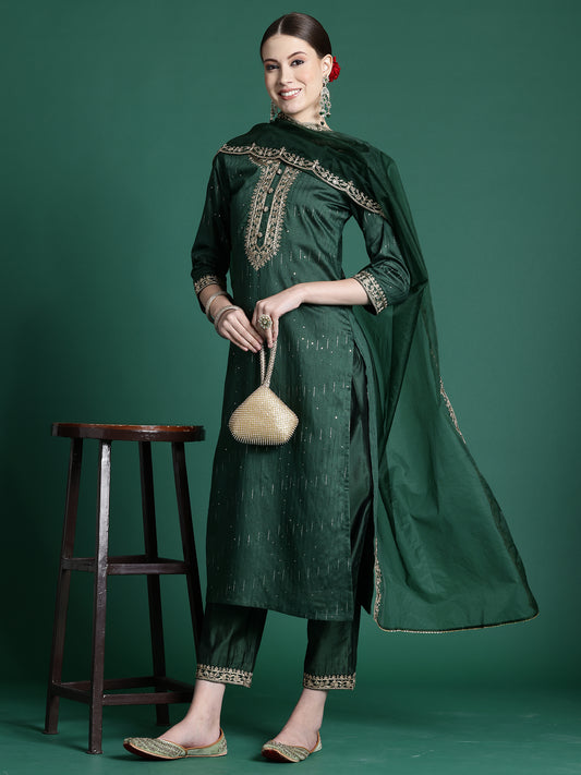 IE Green Embroidered Straight Kurta Trousers With Dupatta set