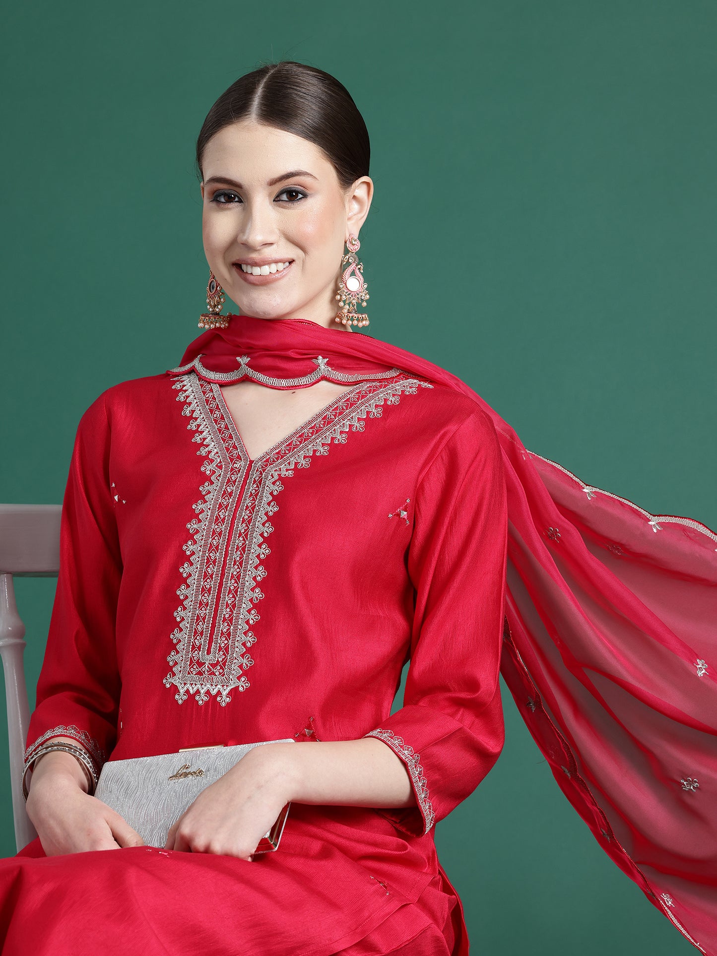 IE Pink Embroidered Straight Kurta Trousers With Dupatta set