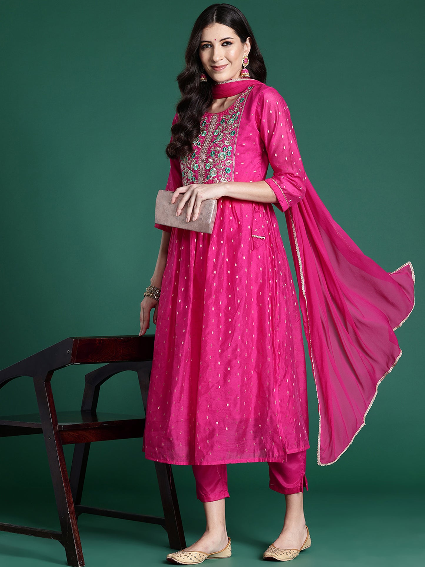 IE Pink Embroidered A-Line Kurta Trousers With Dupatta set