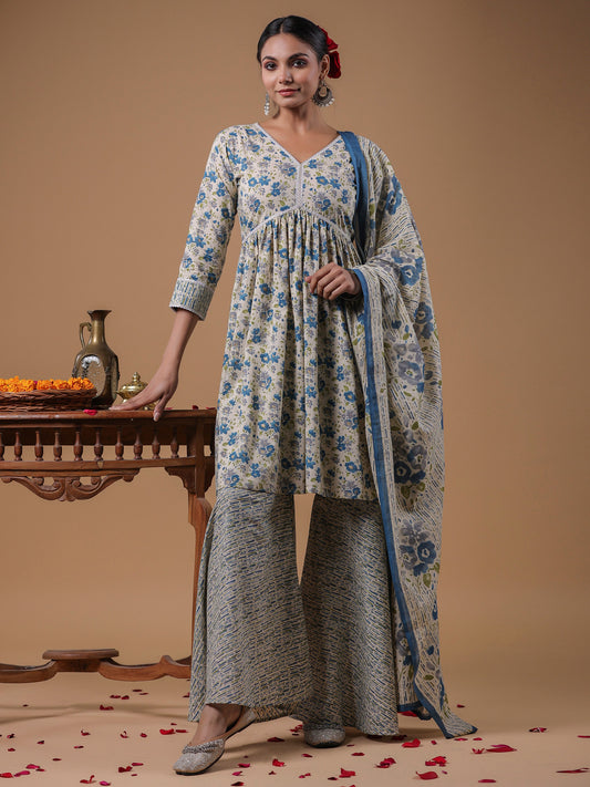 IE Beige Printed A-Line Kurta Sharara With Dupatta set