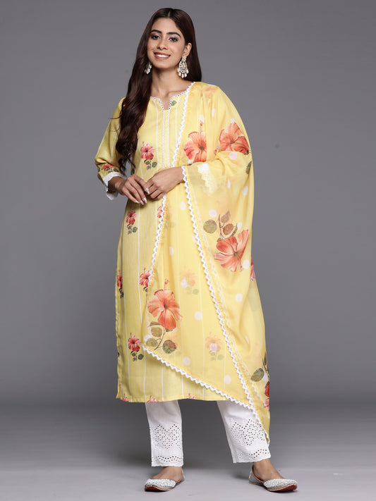 IE Yellow Printed Straight Kurta Trousers With Dupatta set