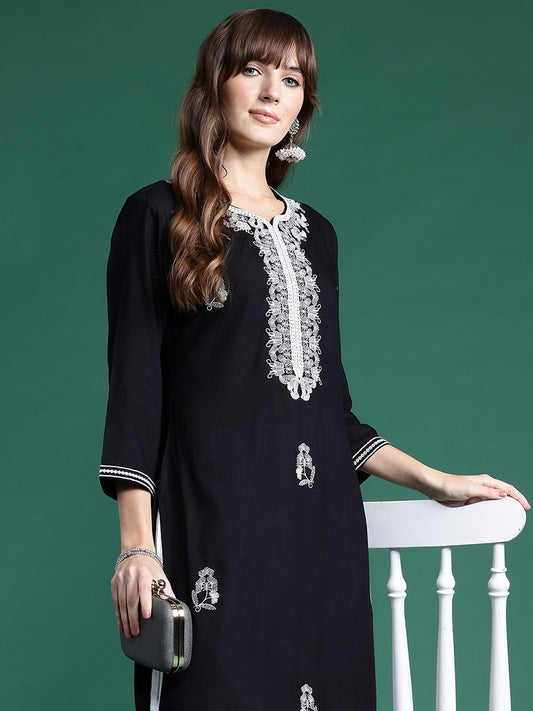 IE Black Embroidered Straight Kurtas