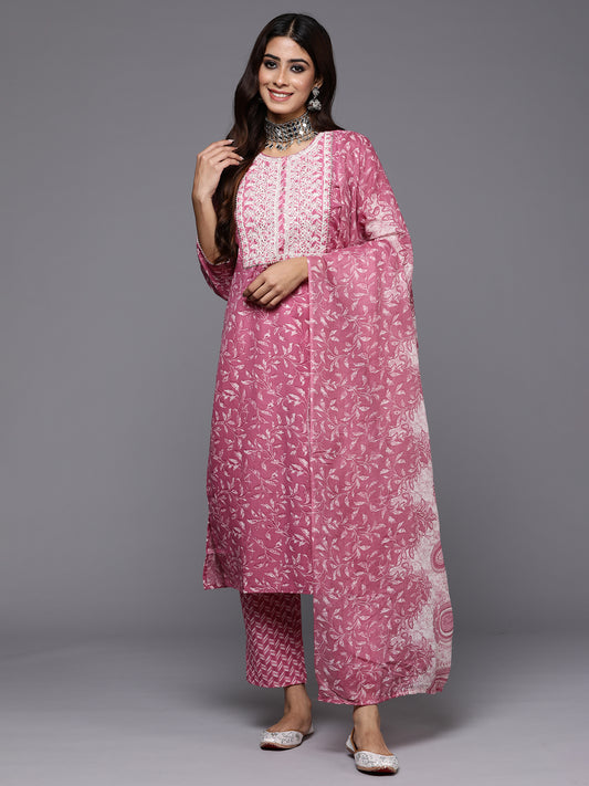 IE Lavender Embroidered Straight Kurta Trousers With Dupatta Set