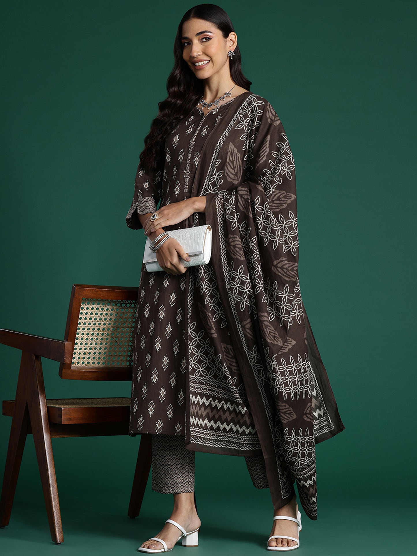 IE Brown Printed Straight Kurta Trousers With Dupatta set