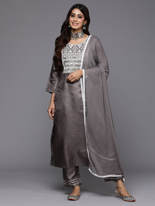 IE Grey Embroidered Straight Kurta Trousers With Dupatta Set