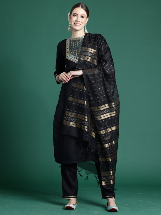 IE Black Self Design Straight Kurta Trousers With Dupatta set