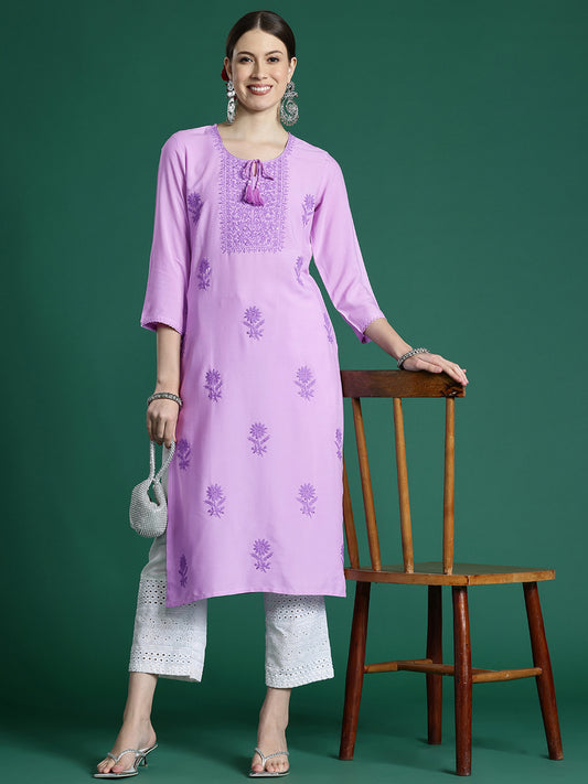 IE Purple Embroidered Straight Kurtas