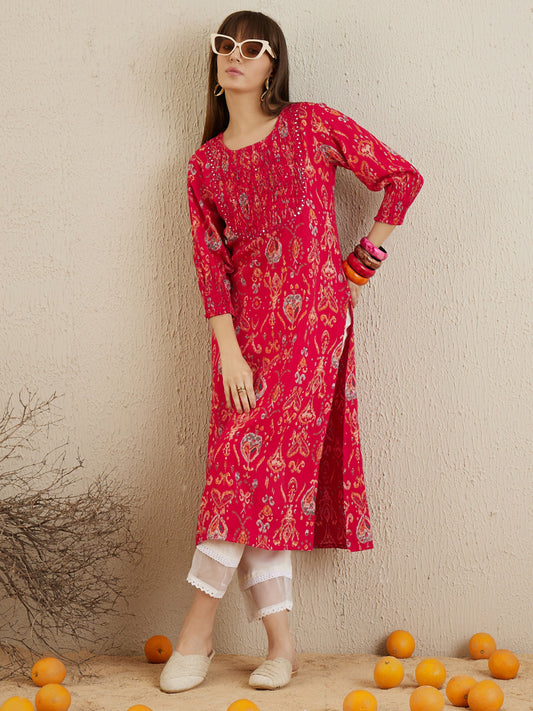 IE Magenta Printed Straight Kurtas