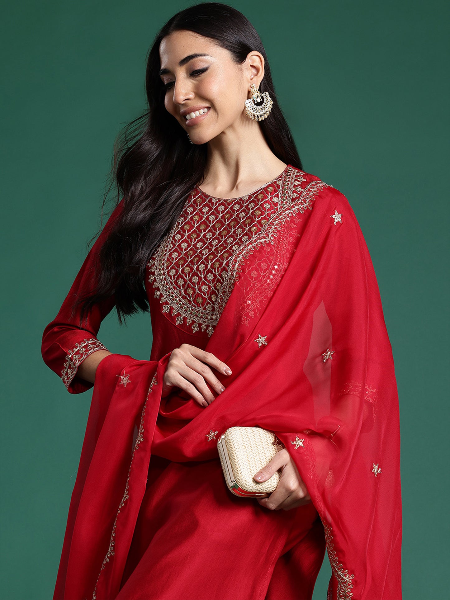 IE Red Embroidered Straight Kurta Trousers With Dupatta Set