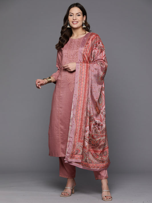 IE Mauve Embroidered Straight Kurta Trousers With Dupatta set