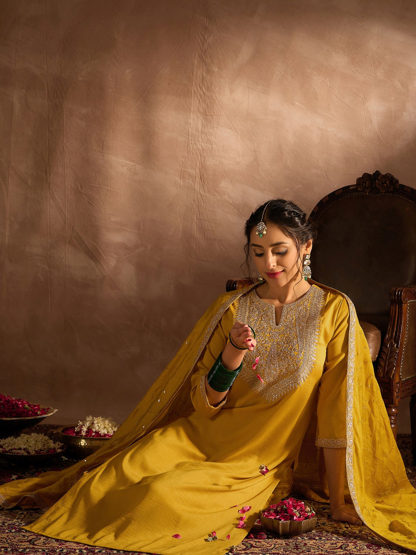 IE Yellow Embroidered Straight Kurta Trousers With Dupatta set