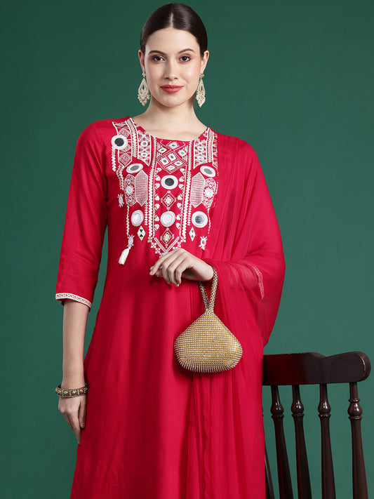 IE Pink Embroidered Straight Kurta Trousers With Dupatta set