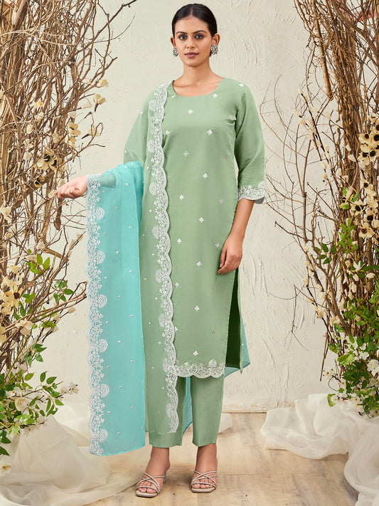 IE Sea Green Straight Embroidered Kurta Trousers With Dupatta Set