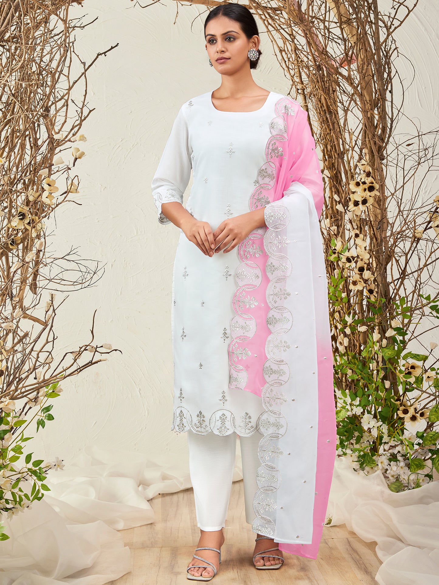 IE White Straight Embroidered Kurta Trousers With Dupatta Set