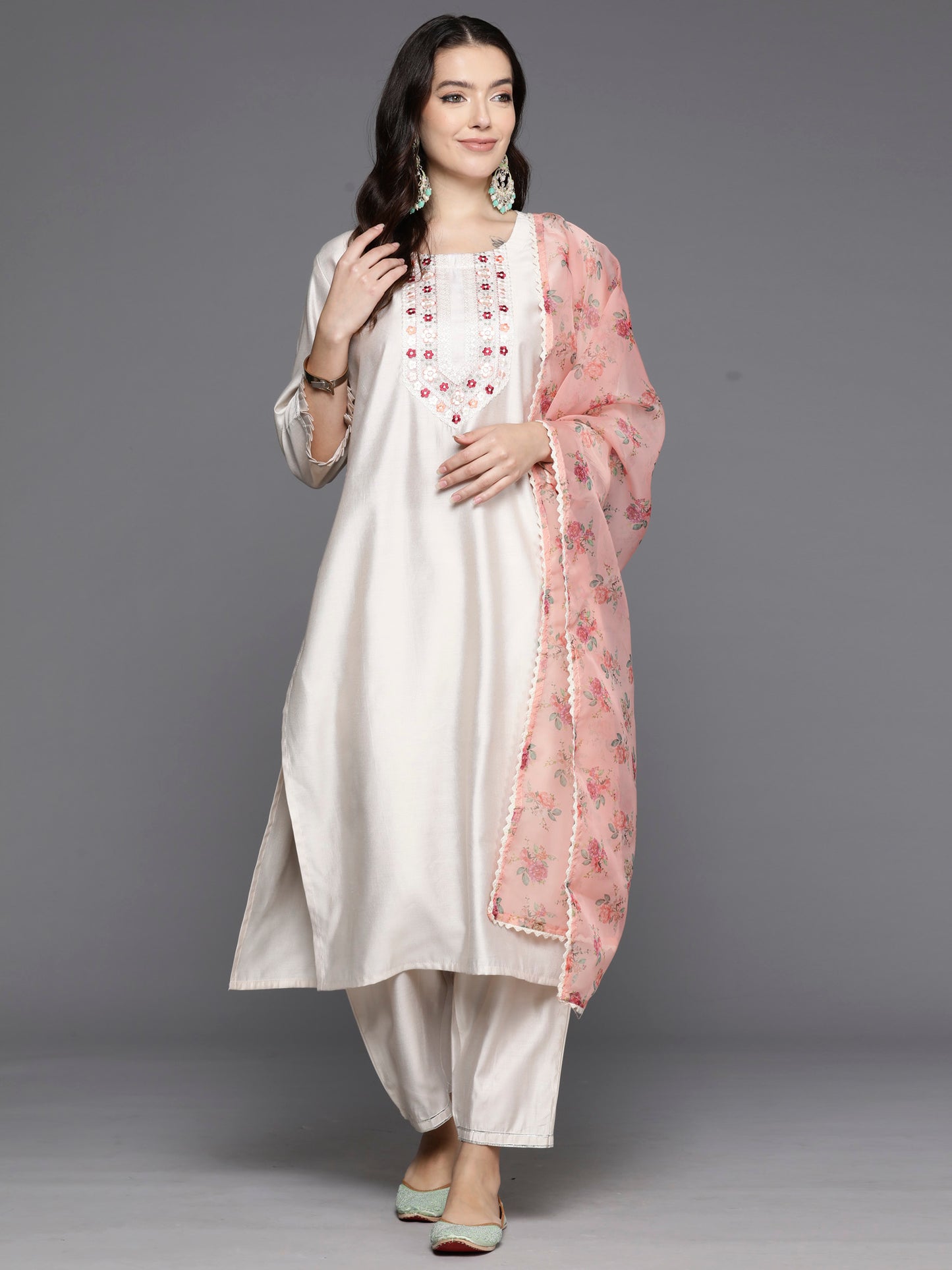 IE Off White Embroidered Straight Kurta Trousers With Dupatta Set