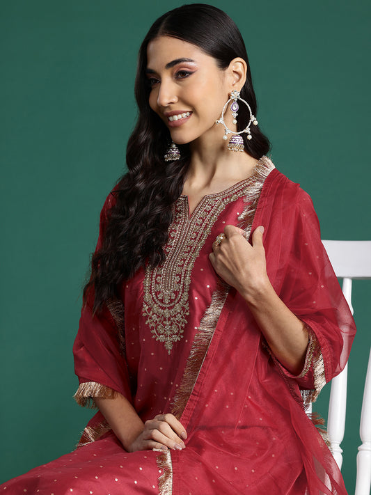 IE Red Embroidered Straight Kurta Trousers With Dupatta set