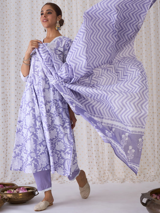 IE Lavender Printed A-Line Kurta Trousers With Dupatta set