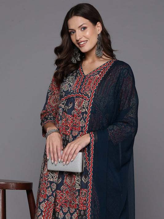 IE Blue Embroidered A-Line Kurta Trousers With Dupatta Set