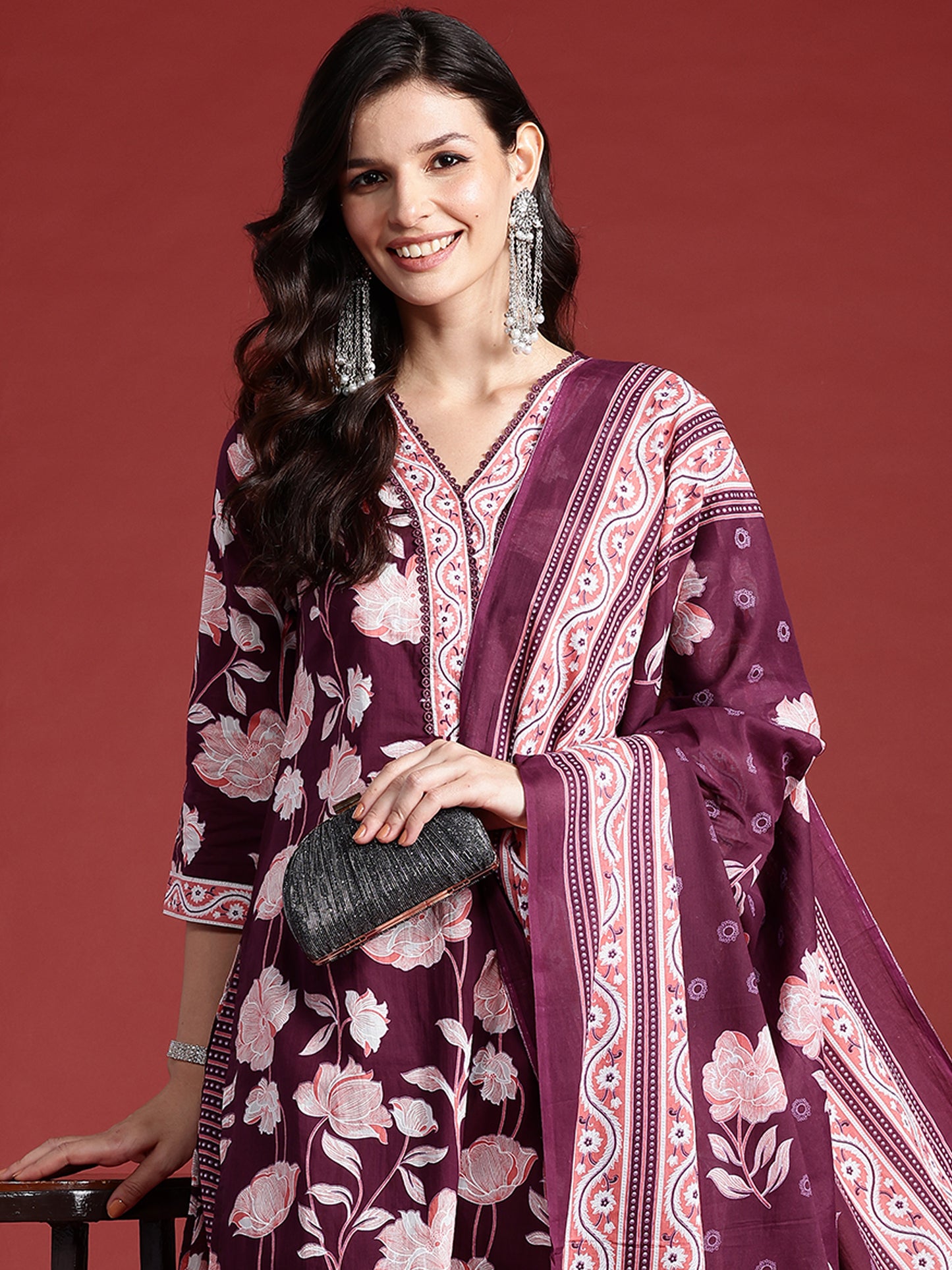 IE Burgundy Printed Straight Kurta Trousers With Dupatta set