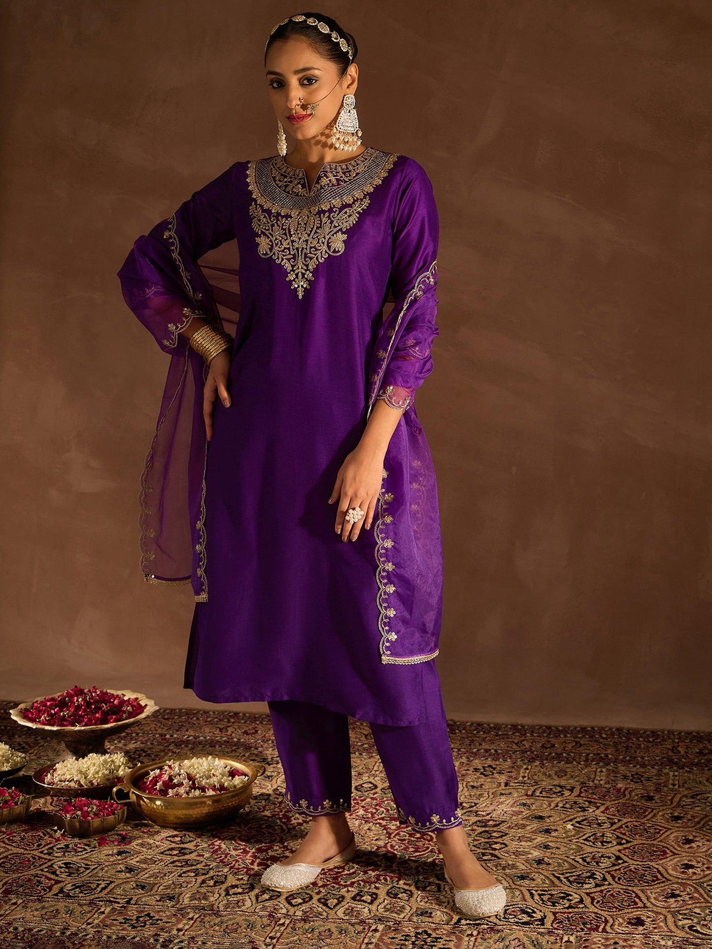 IE Purple Embroidered Straight Kurta Trousers With Dupatta set