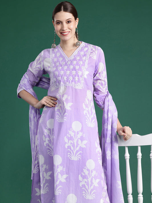 IE Lavender Printed Straight Kurta Trousers With Dupatta set