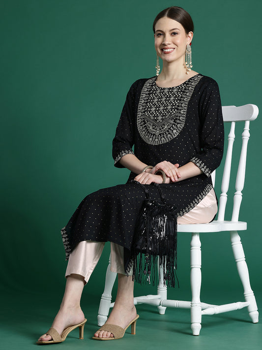 IE Black Embroidered Straight Kurtas