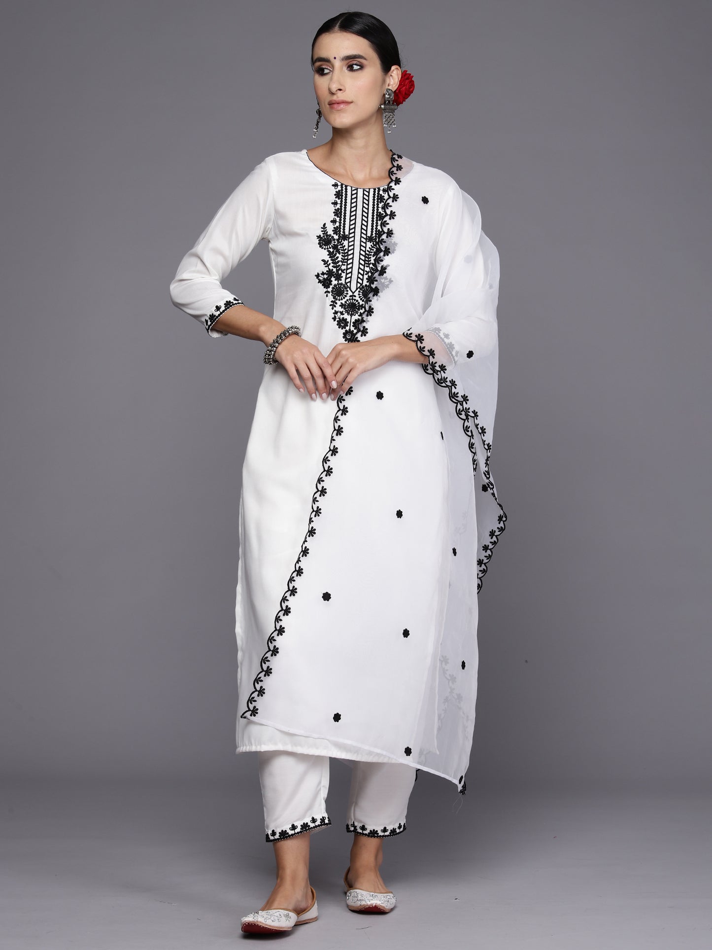 IE White Embroidered Straight Kurta Trousers With Dupatta Set