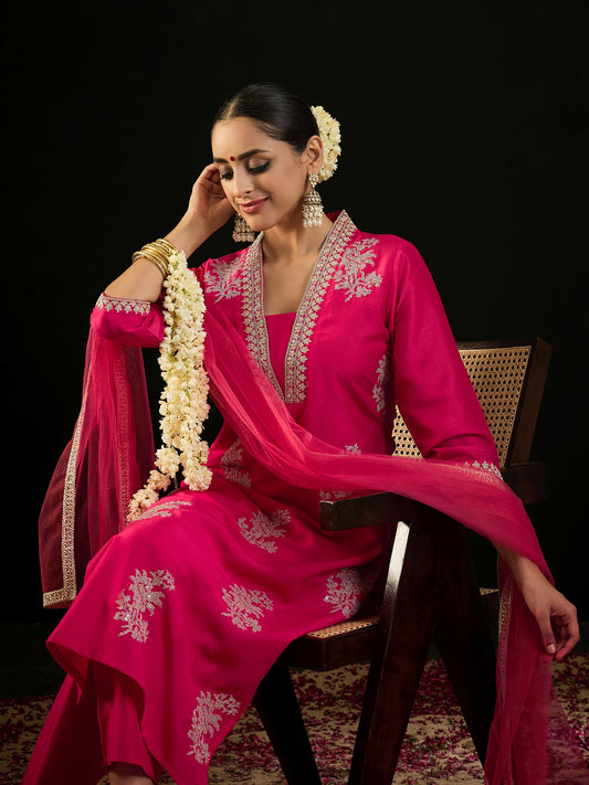 IE Magenta Embroidered Straight Kurta Trousers With Dupatta set