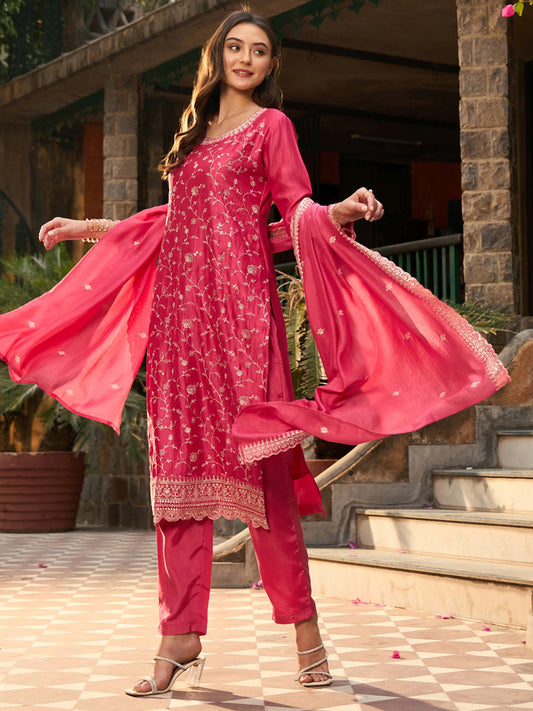 IE Pink Embroidered Straight Kurta Trousers set