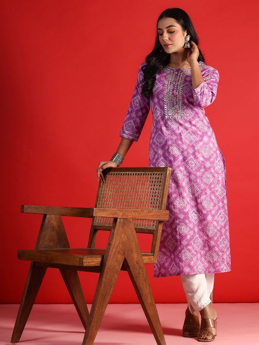 IE Lavender Printed Straight Kurtas