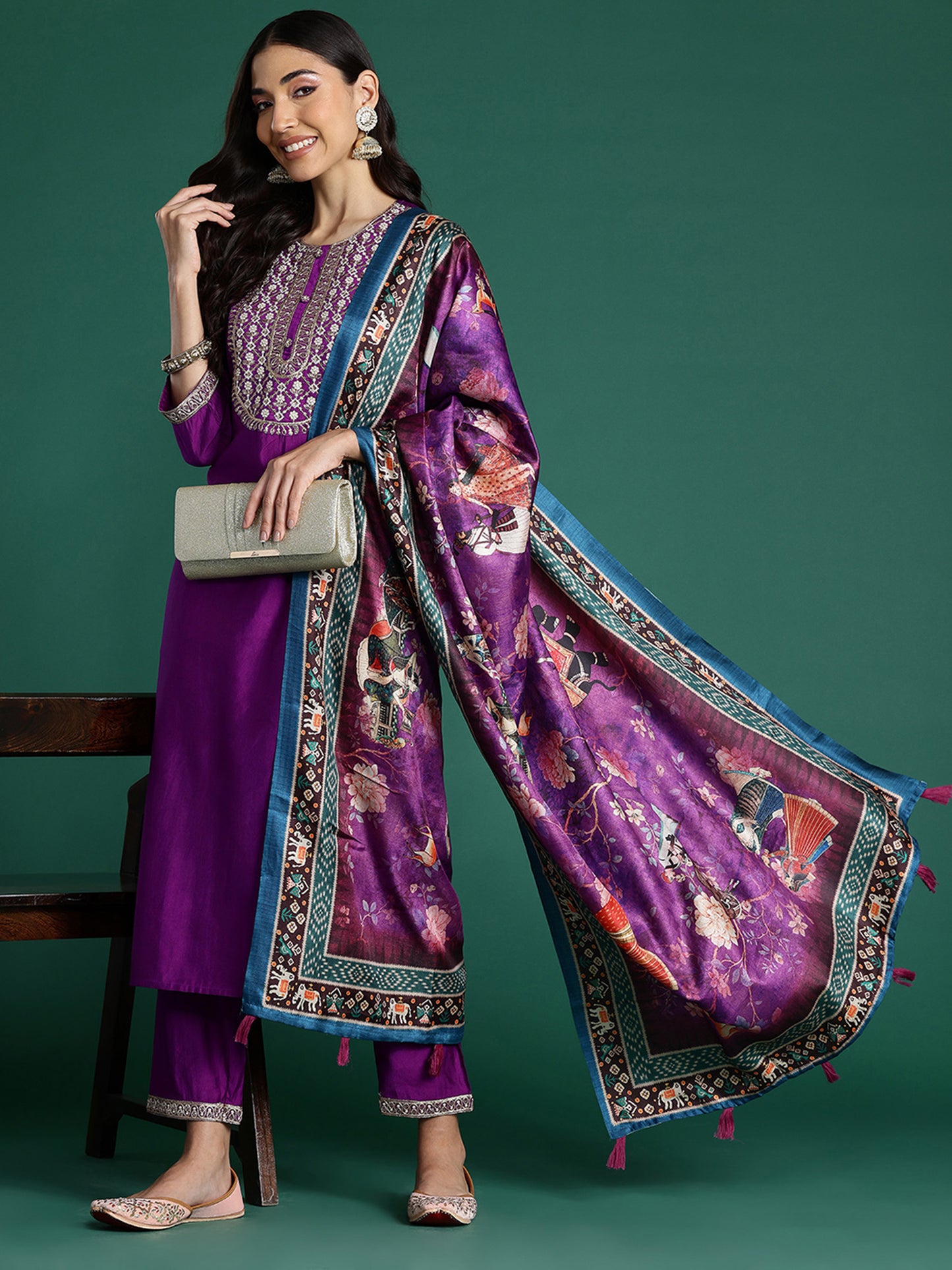 IE Purple Embroidered Straight Kurta Trousers With Dupatta set