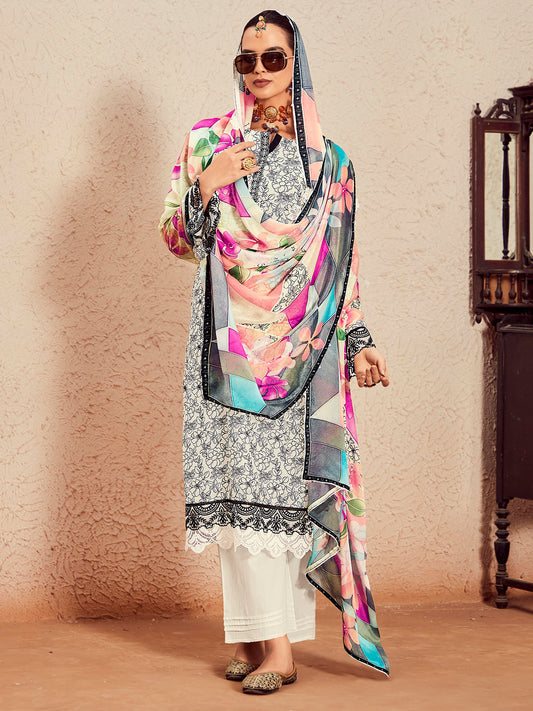 IE Off White Printed Straight Kurta Trousers With Dupatta  Set