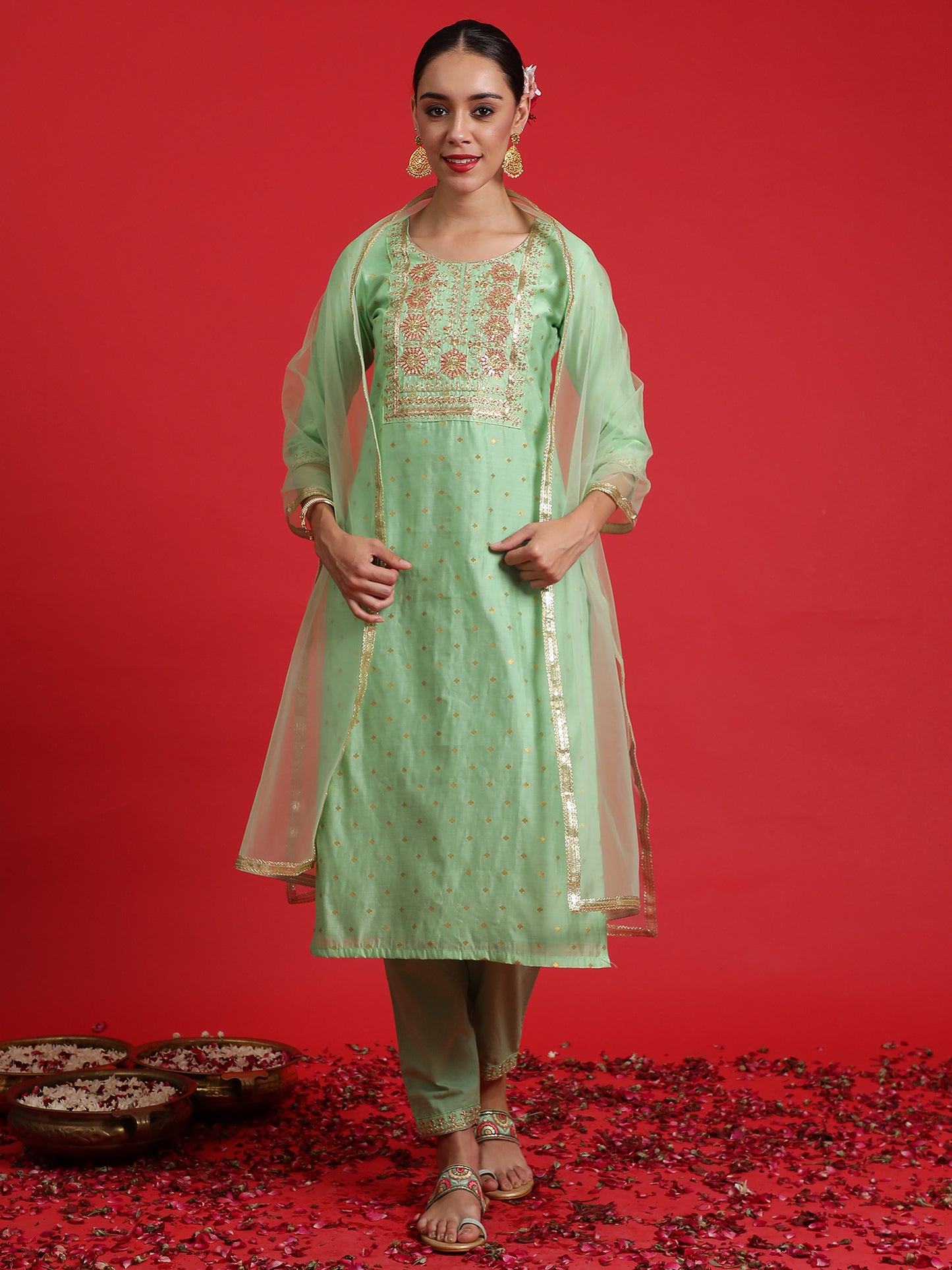 IE Green Embroidered Straight Kurta Trousers With Dupatta Set