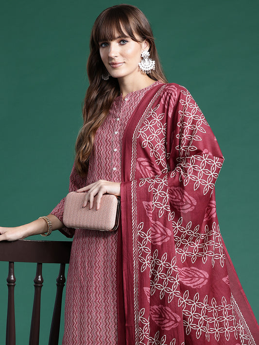 IE Pink Printed Straight Kurta Trousers With Dupatta set