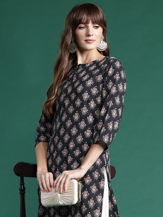 IE Black Printed Straight Kurtas